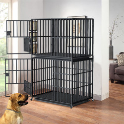 Heavy Duty Metal Cage Kennel with Casters Tray Anti Bite Double-layers Stackable