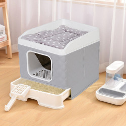 Enclosed Large Cat Litter Box with Scoop and Cushion No Smell Drawer Type Tray