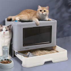 Cat Hooded Litter Box Large Space Enclosed Kitty Litter Tray w/ Massager & Scoop