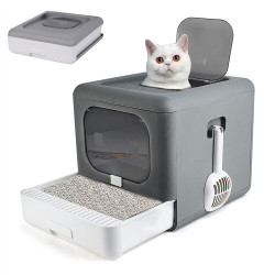 Hooded Cat Litter Box with Scoop Pet Cat Sealed Drawer Tray Toilet Closed Door